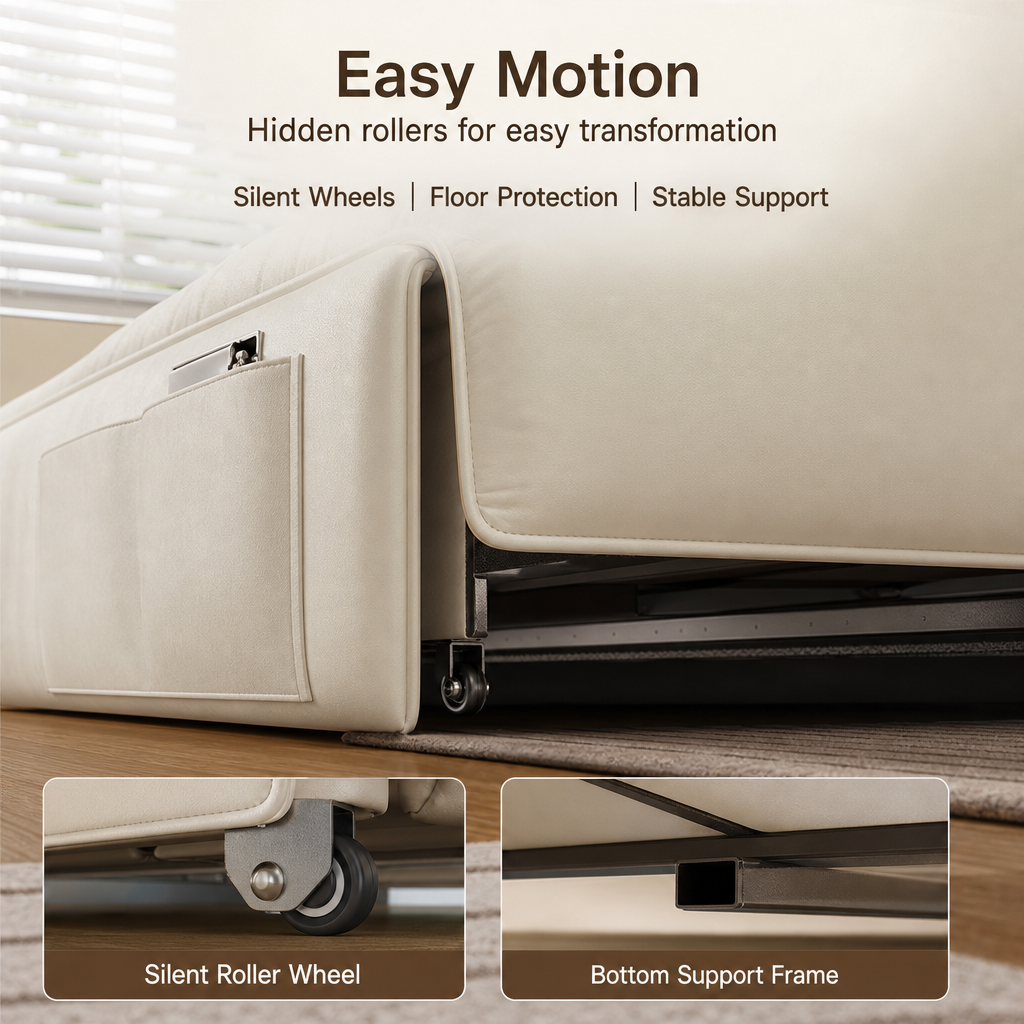 3-in-1 Convertible Folding Sofa Bed, Multi-Mode Couch Lounger Guest Bed with Silent Wheels & Side Storage Pockets, Modern Cream Fabric Sleeper Sofa for Apartment Office