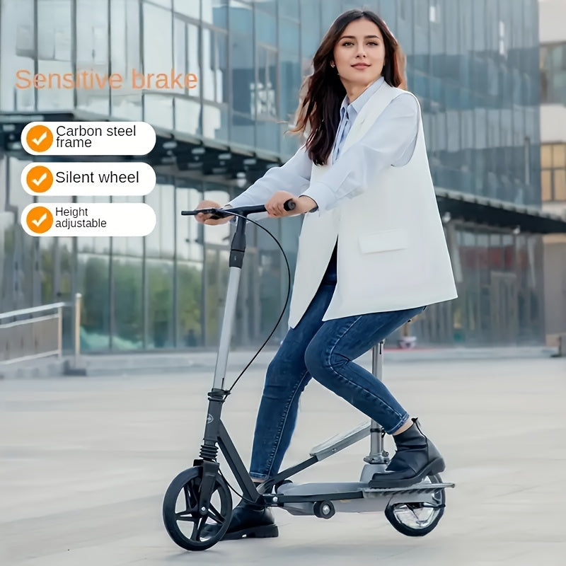 Foldable Height Adjustable Kick Scooter with Seat Shock Absorbing Carbon Steel Commuter Scooter Portable for Adult Travel