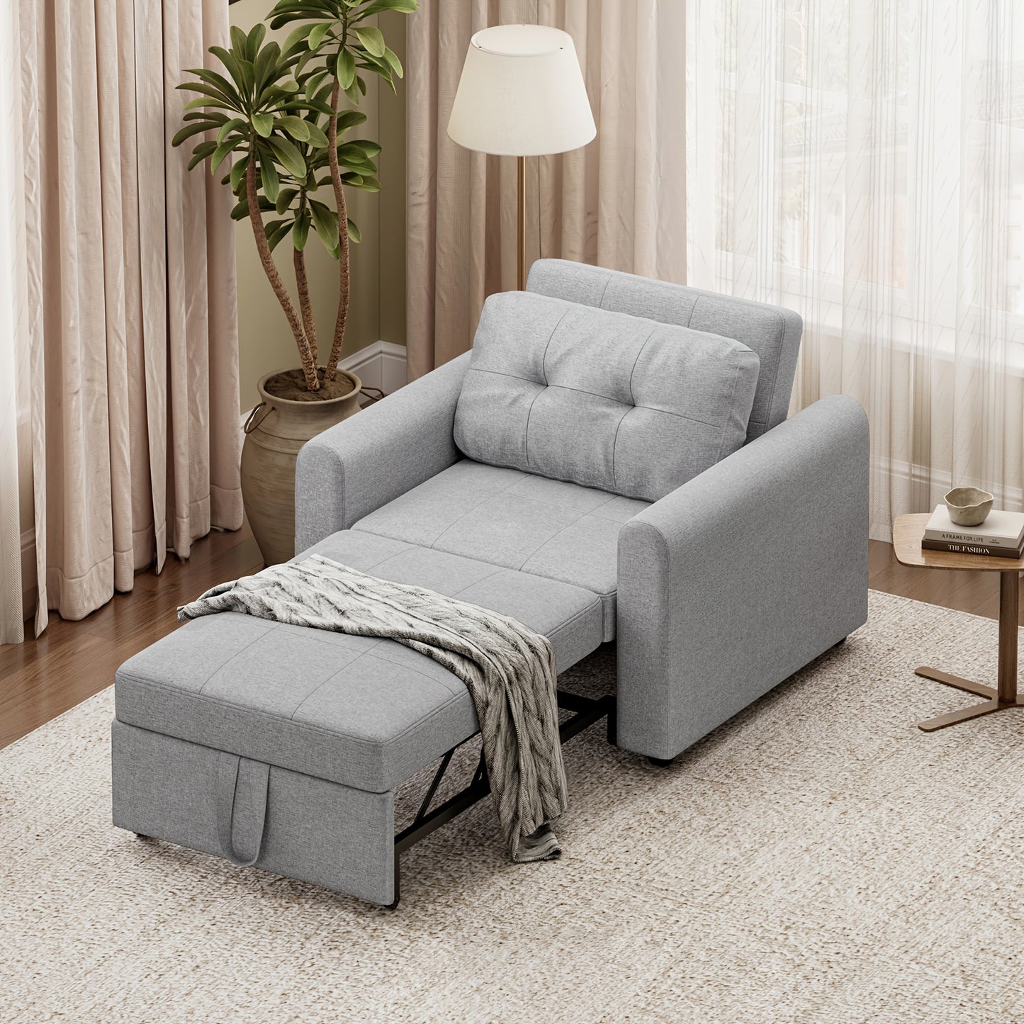 🛋️ 3 Position Adjustable Convertible Single Sofa Bed Pull Out Linen Sleeper Chair Space Saving Guest Couch with Side Storage Pockets