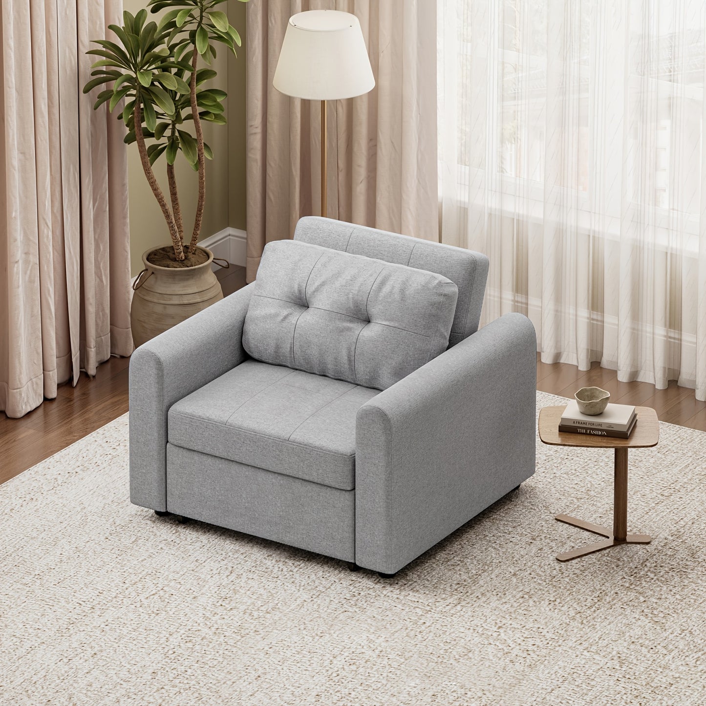 🛋️ 3 Position Adjustable Convertible Single Sofa Bed Pull Out Linen Sleeper Chair Space Saving Guest Couch with Side Storage Pockets