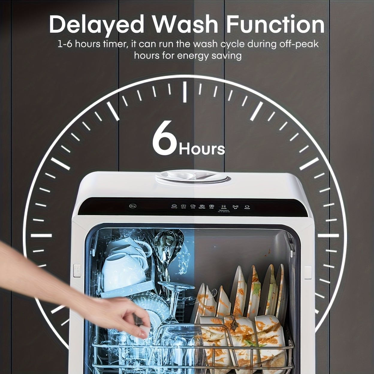 Countertop Portable Dishwasher 6 Washing Modes Hot Air Dry Storage 360° Spray Dual Water Supply Mini Dishwasher for 2-3 People
