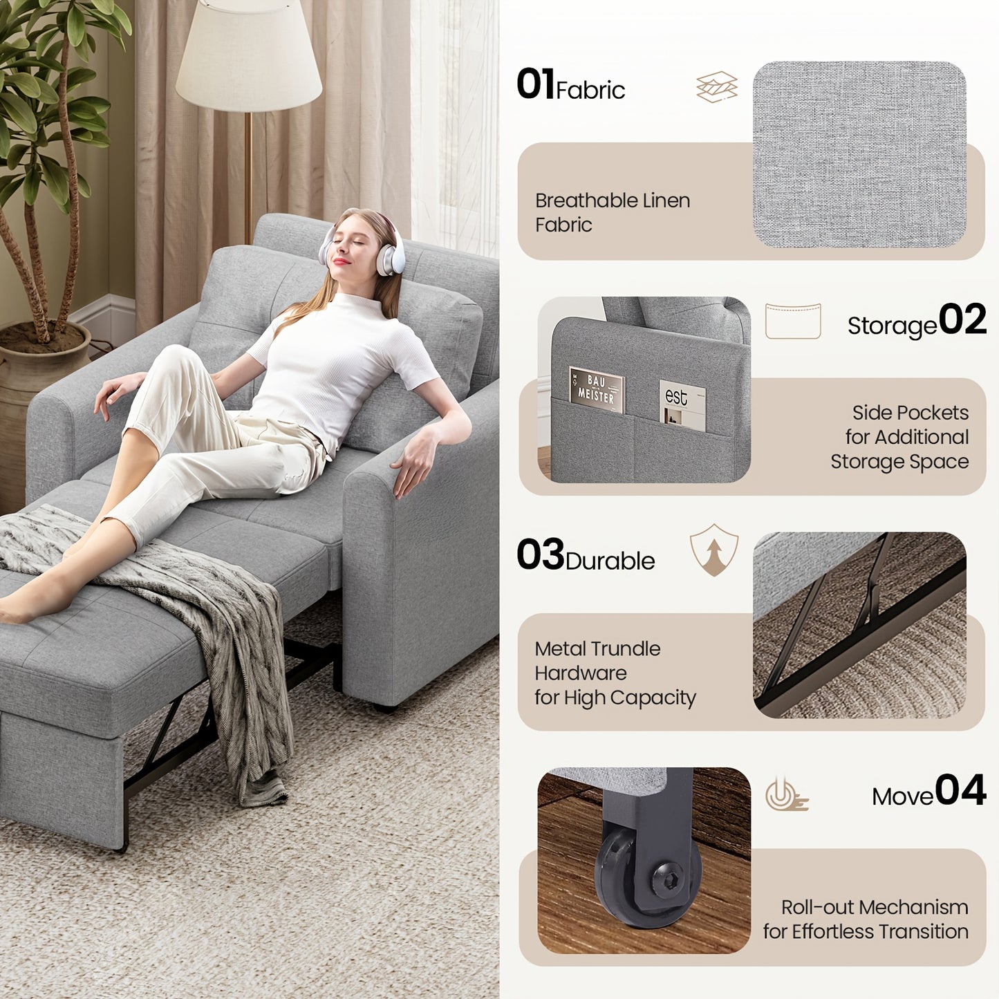 🛋️ 3 Position Adjustable Convertible Single Sofa Bed Pull Out Linen Sleeper Chair Space Saving Guest Couch with Side Storage Pockets