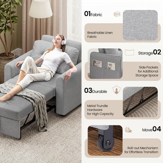 🛋️ 3 Position Adjustable Convertible Single Sofa Bed Pull Out Linen Sleeper Chair Space Saving Guest Couch with Side Storage Pockets