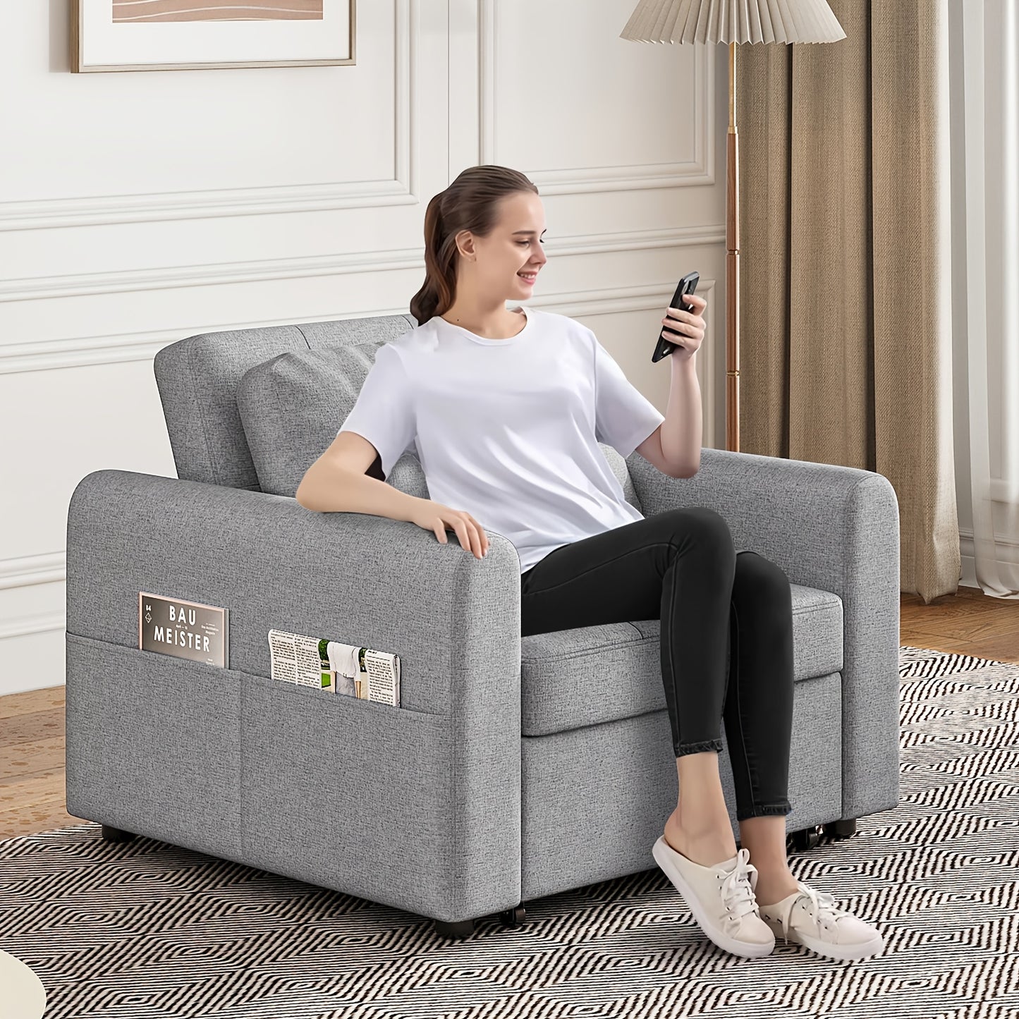 🛋️ 3 Position Adjustable Convertible Single Sofa Bed Pull Out Linen Sleeper Chair Space Saving Guest Couch with Side Storage Pockets