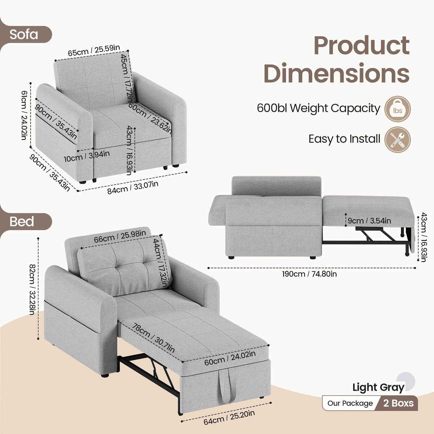 🛋️ 3 Position Adjustable Convertible Single Sofa Bed Pull Out Linen Sleeper Chair Space Saving Guest Couch with Side Storage Pockets