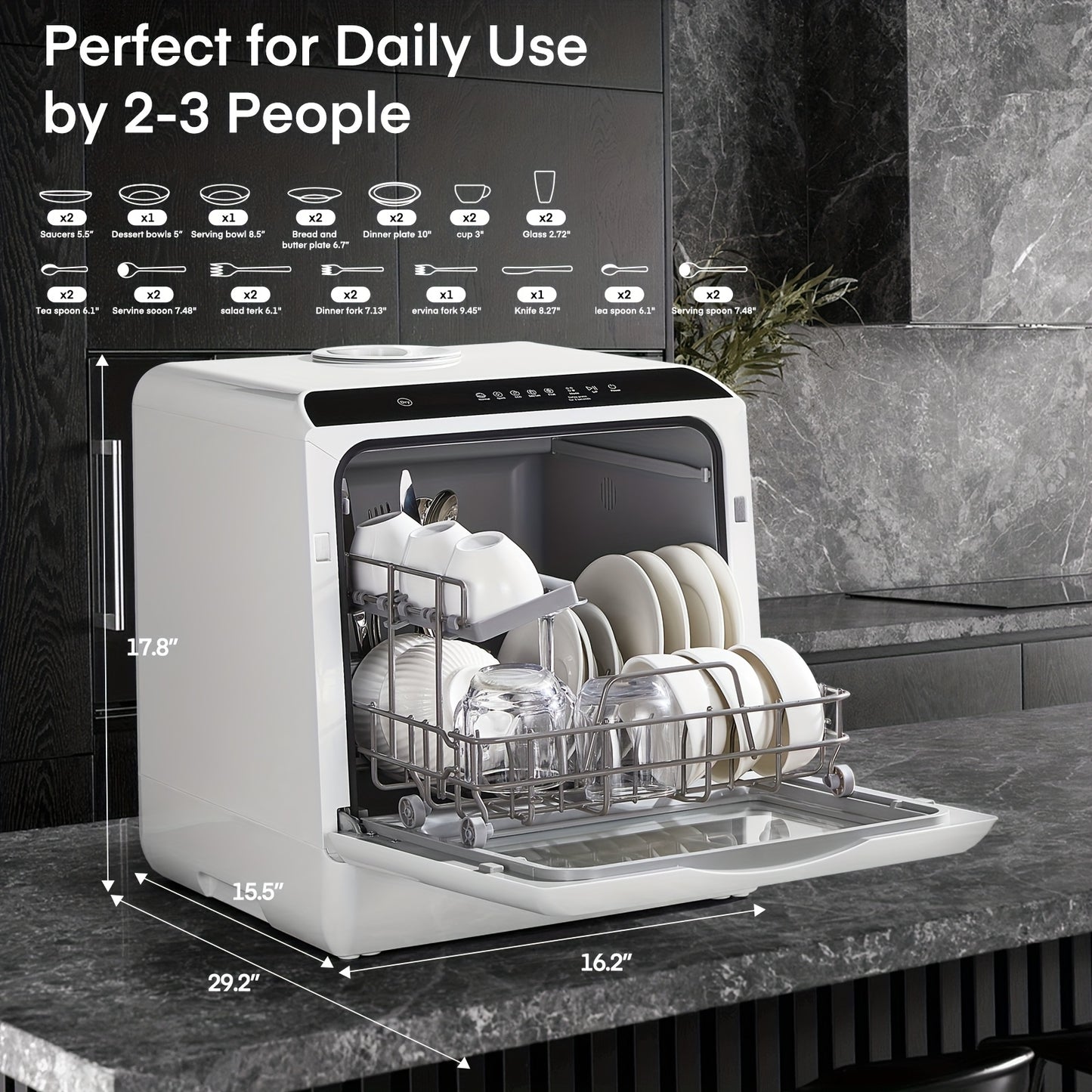 Countertop Portable Dishwasher 6 Washing Modes Hot Air Dry Storage 360° Spray Dual Water Supply Mini Dishwasher for 2-3 People