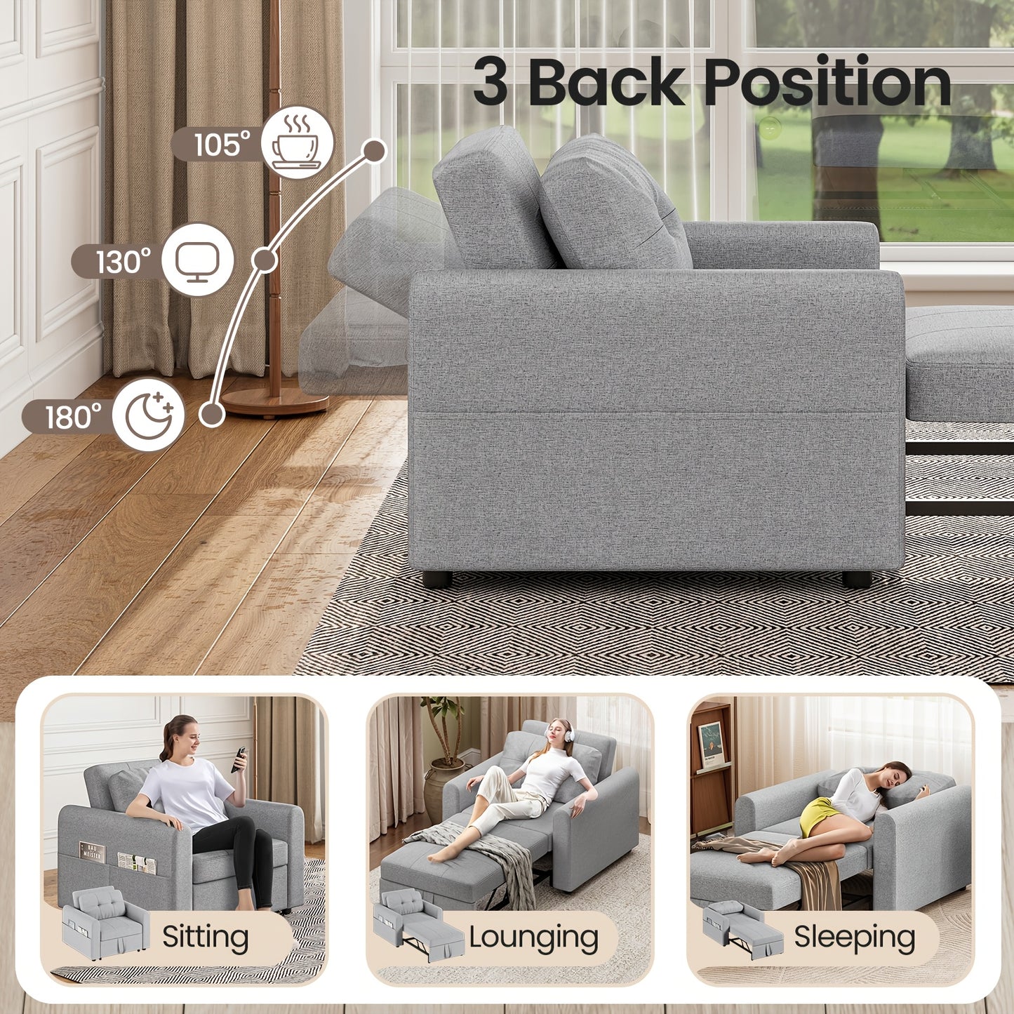 🛋️ 3 Position Adjustable Convertible Single Sofa Bed Pull Out Linen Sleeper Chair Space Saving Guest Couch with Side Storage Pockets