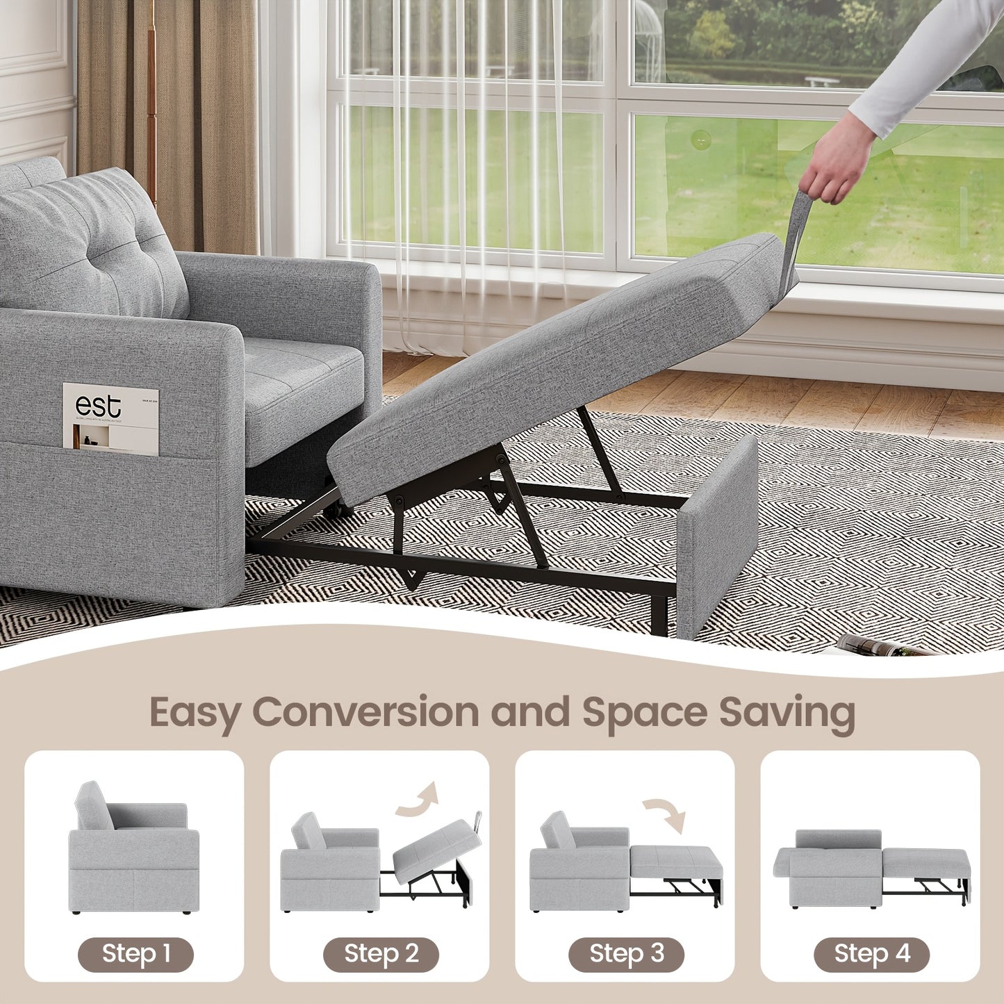 🛋️ 3 Position Adjustable Convertible Single Sofa Bed Pull Out Linen Sleeper Chair Space Saving Guest Couch with Side Storage Pockets