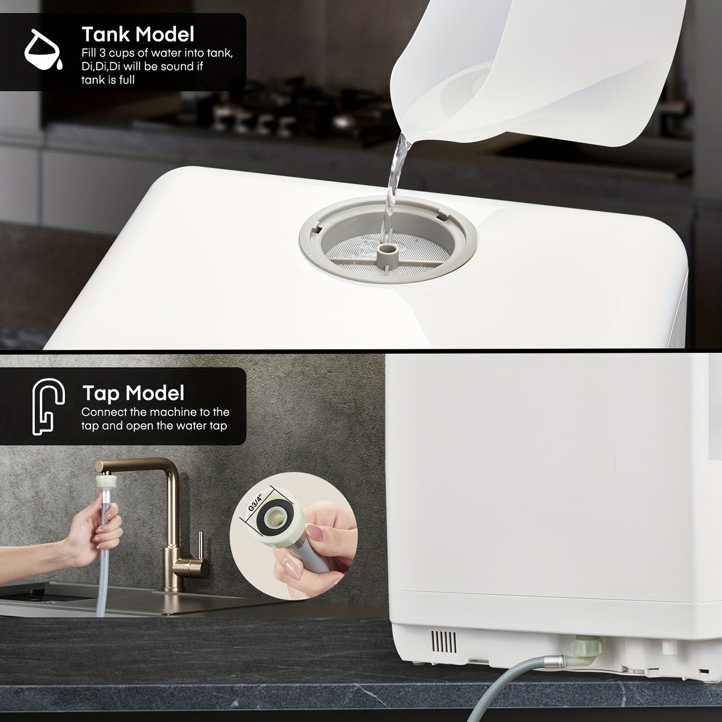 Countertop Portable Dishwasher 6 Washing Modes Hot Air Dry Storage 360° Spray Dual Water Supply Mini Dishwasher for 2-3 People