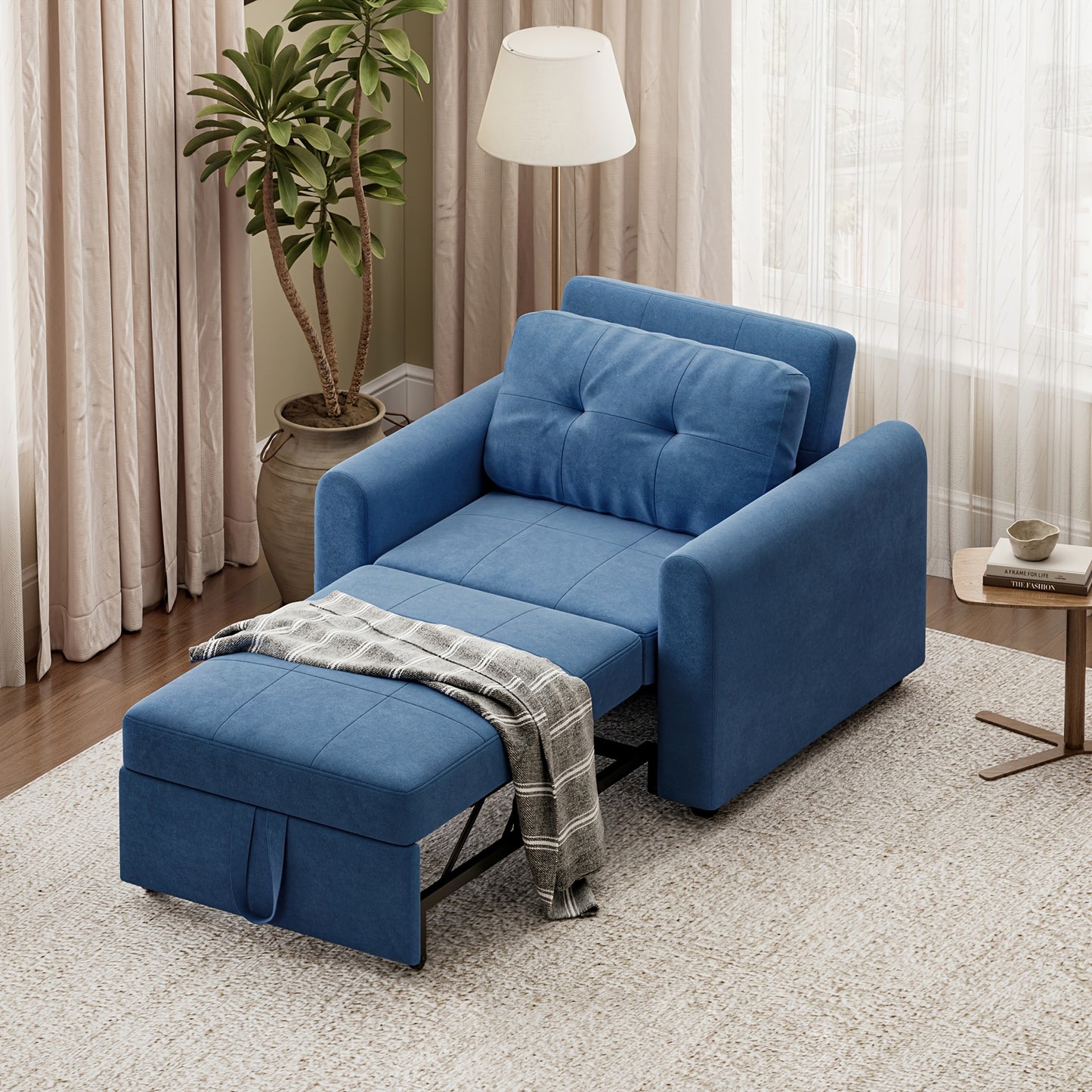 🛋️ 3 Position Adjustable Convertible Single Sofa Bed Pull Out Linen Sleeper Chair Space Saving Guest Couch with Side Storage Pockets