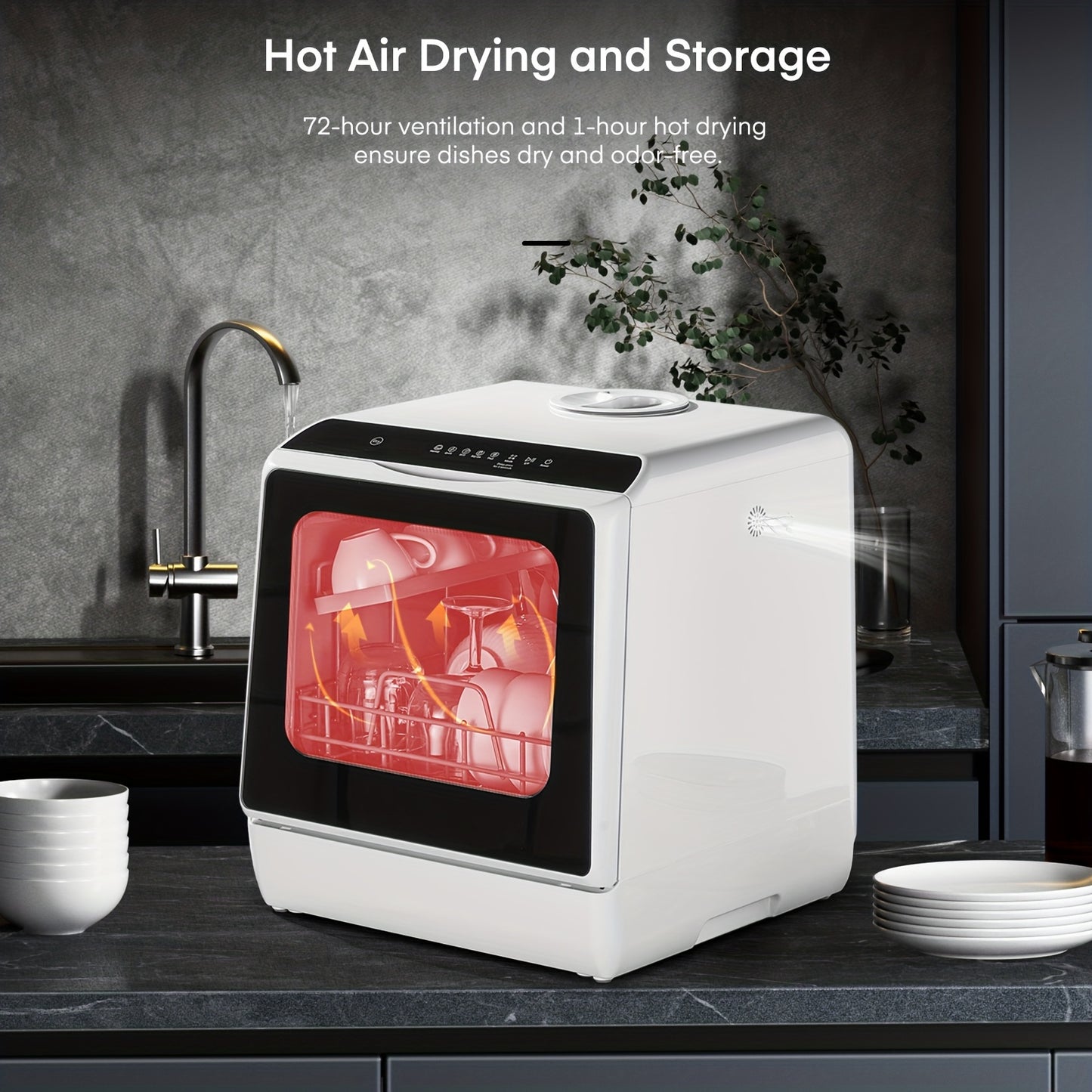 Countertop Portable Dishwasher 6 Washing Modes Hot Air Dry Storage 360° Spray Dual Water Supply Mini Dishwasher for 2-3 People