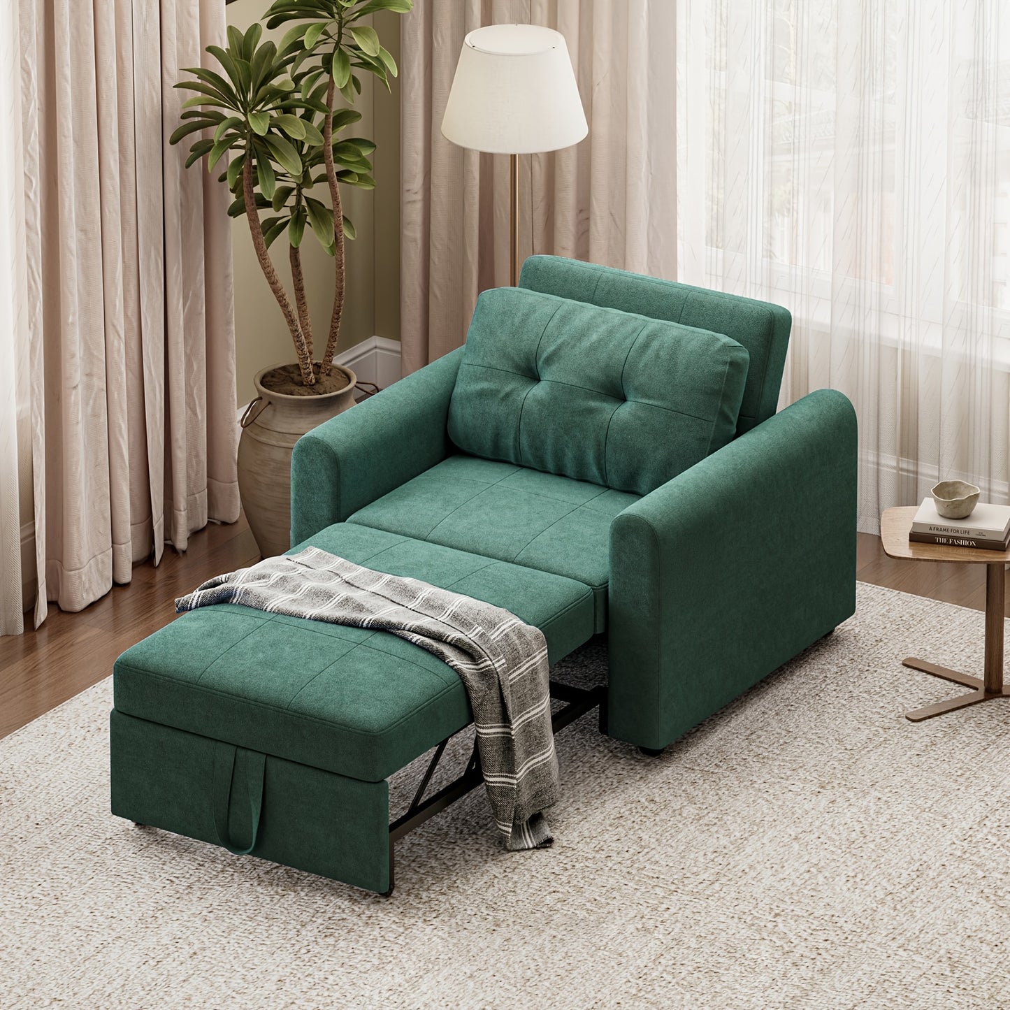 🛋️ 3 Position Adjustable Convertible Single Sofa Bed Pull Out Linen Sleeper Chair Space Saving Guest Couch with Side Storage Pockets