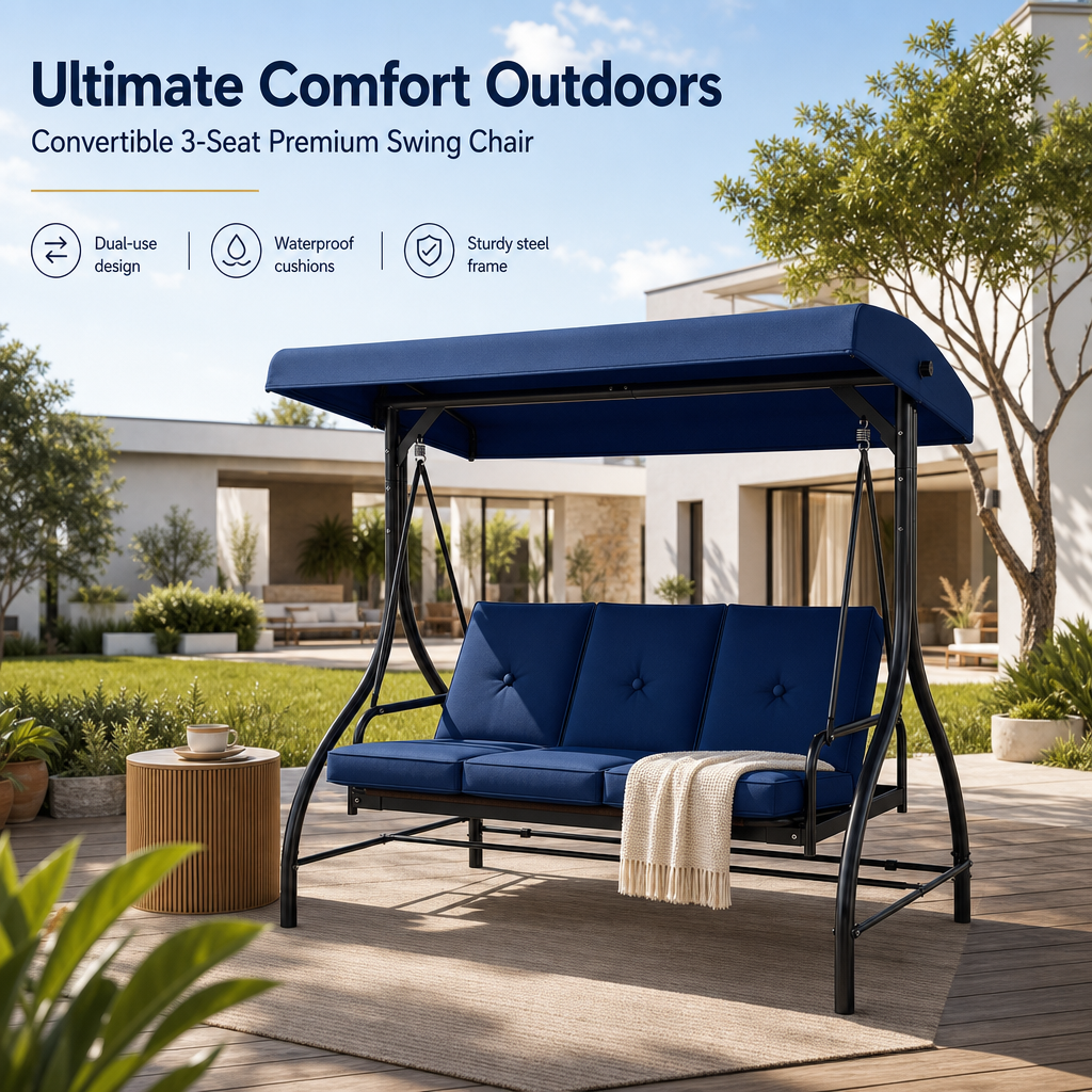 3-Seater Outdoor Patio Swing Bed with Adjustable Canopy, Convertible Reclining Porch Swing Chair, Heavy-Duty Metal Frame Waterproof Cushioned Swing Bench for Backyard, Garden & Poolside