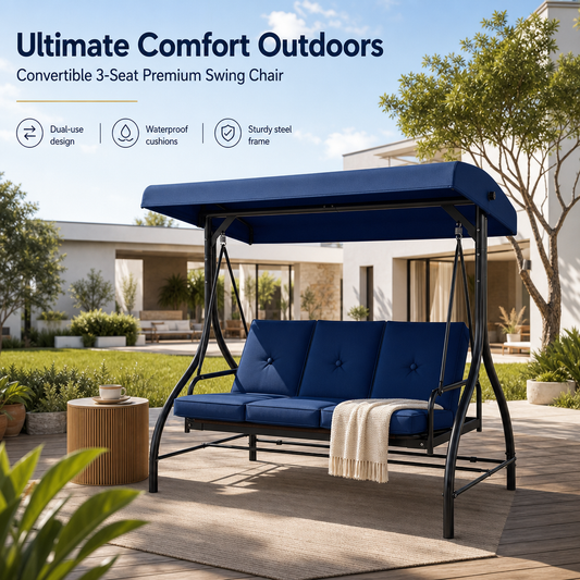3-Seater Outdoor Patio Swing Bed with Adjustable Canopy, Convertible Reclining Porch Swing Chair, Heavy-Duty Metal Frame Waterproof Cushioned Swing Bench for Backyard, Garden & Poolside