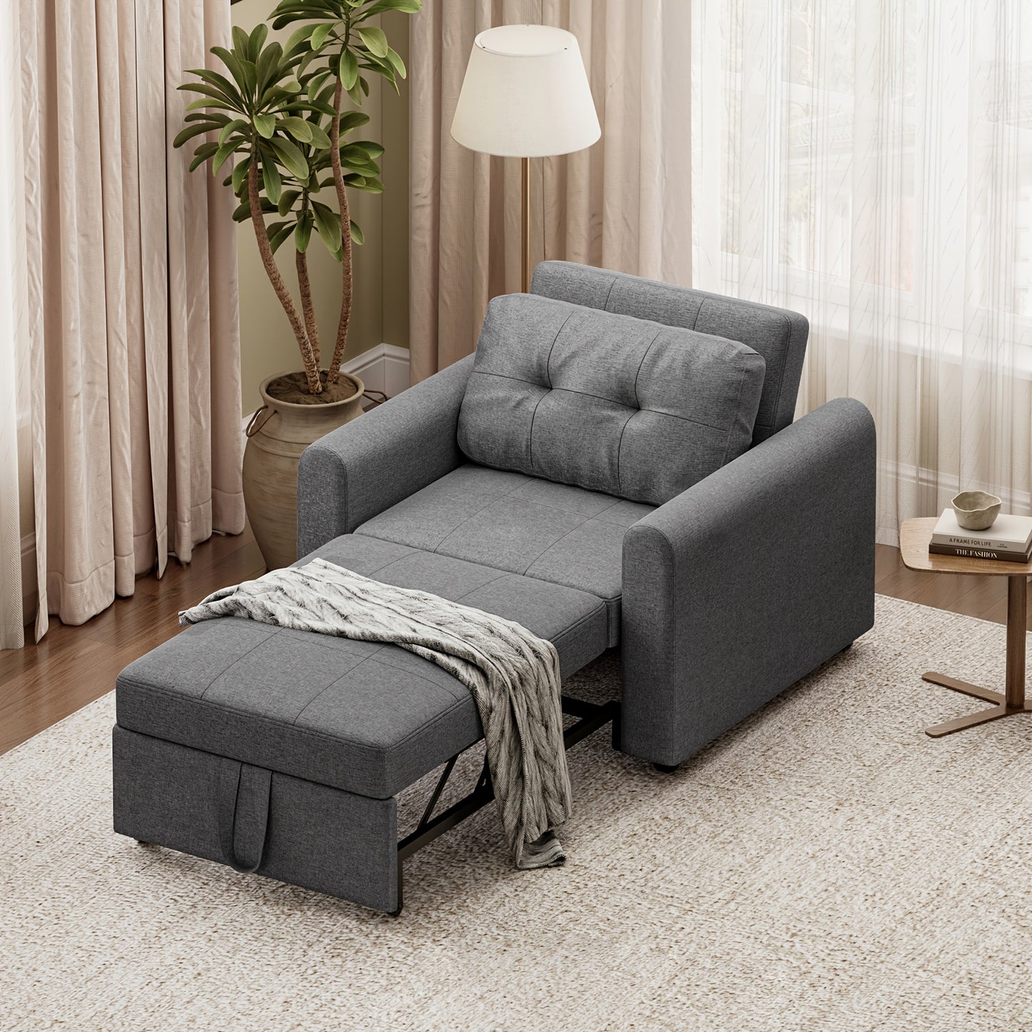 🛋️ 3 Position Adjustable Convertible Single Sofa Bed Pull Out Linen Sleeper Chair Space Saving Guest Couch with Side Storage Pockets