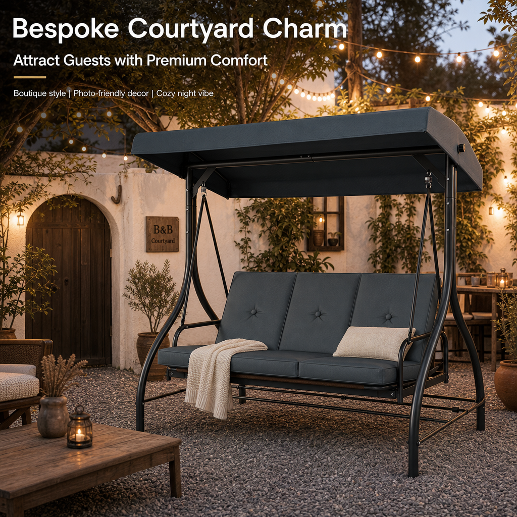 3-Seater Outdoor Patio Swing Bed with Adjustable Canopy, Convertible Reclining Porch Swing Chair, Heavy-Duty Metal Frame Waterproof Cushioned Swing Bench for Backyard, Garden & Poolside