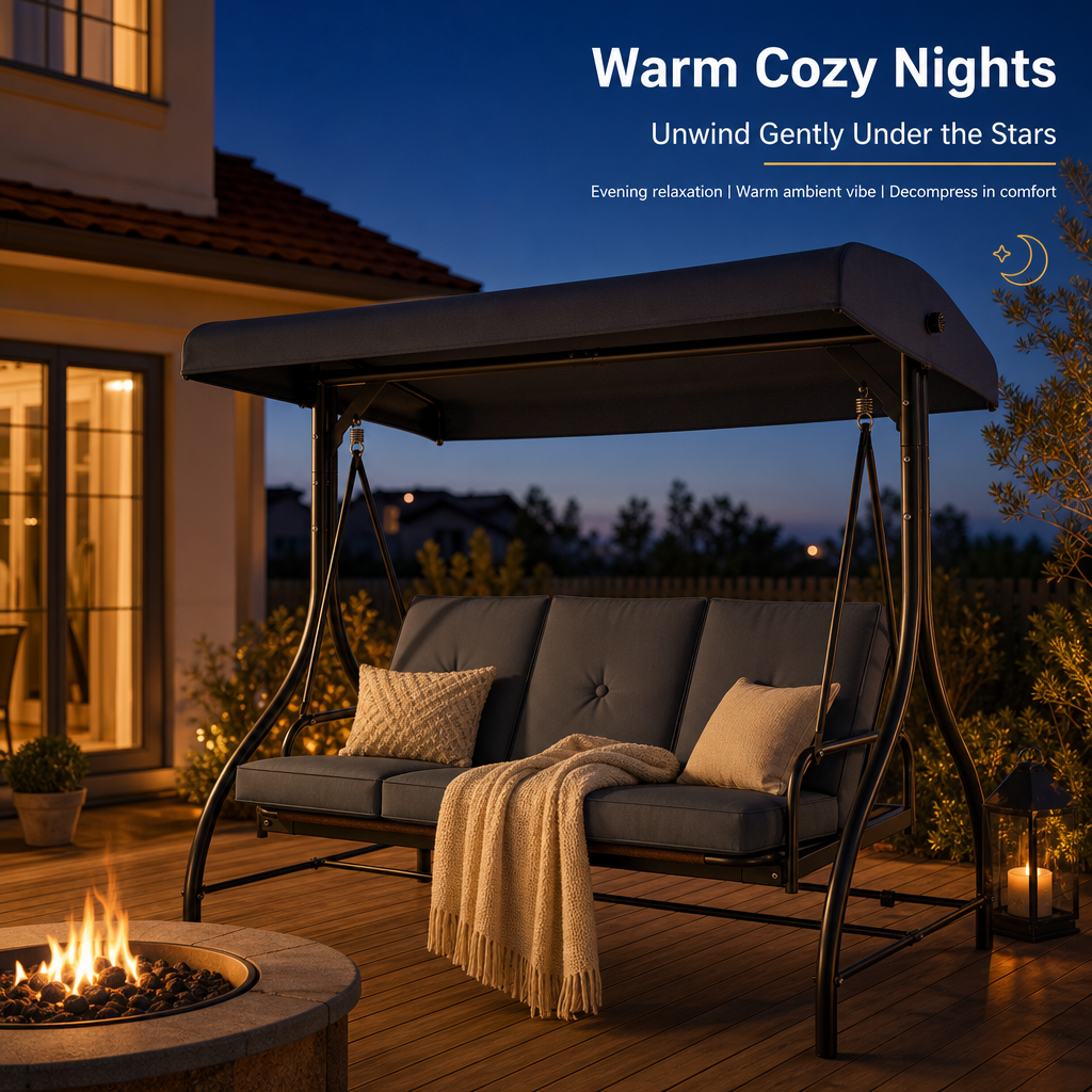 3-Seater Outdoor Patio Swing Bed with Adjustable Canopy, Convertible Reclining Porch Swing Chair, Heavy-Duty Metal Frame Waterproof Cushioned Swing Bench for Backyard, Garden & Poolside