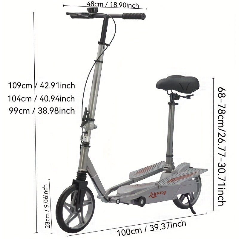 Foldable Height Adjustable Kick Scooter with Seat Shock Absorbing Carbon Steel Commuter Scooter Portable for Adult Travel