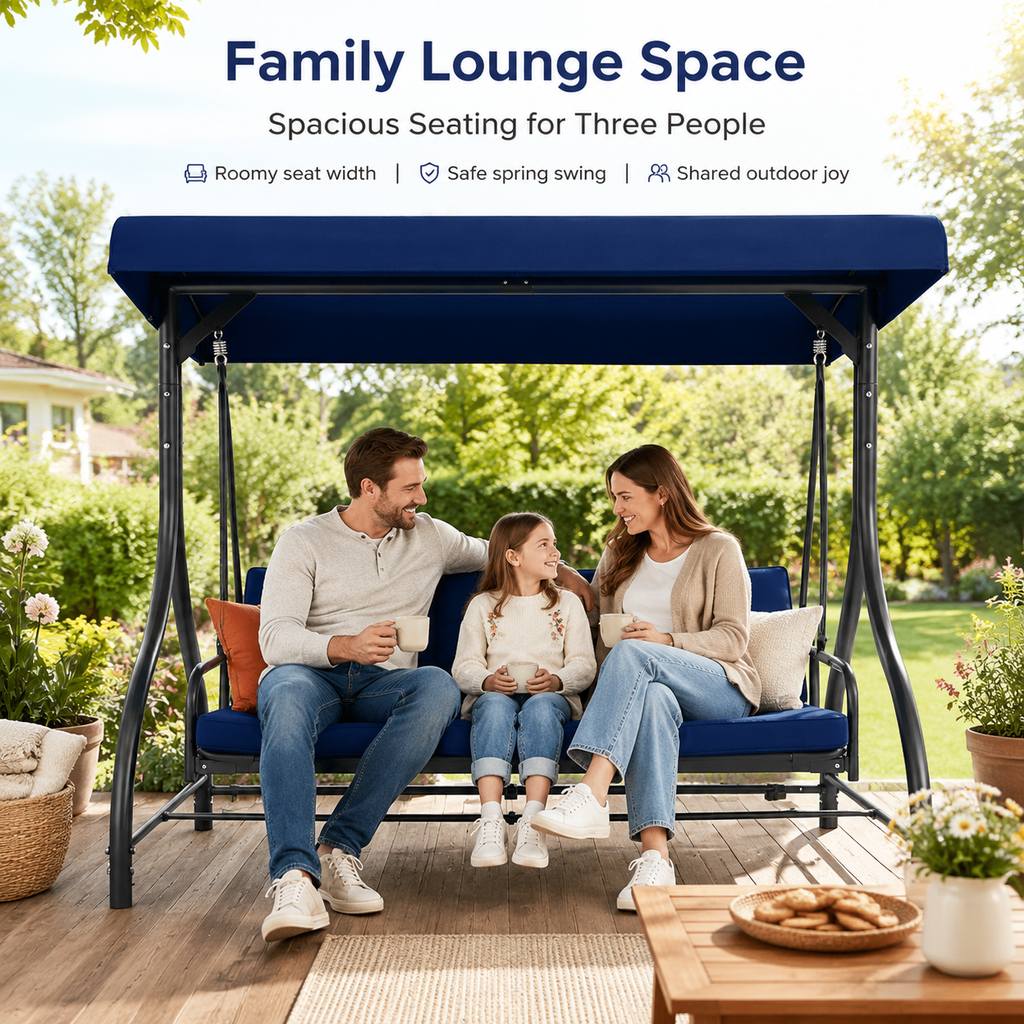 3-Seater Outdoor Patio Swing Bed with Adjustable Canopy, Convertible Reclining Porch Swing Chair, Heavy-Duty Metal Frame Waterproof Cushioned Swing Bench for Backyard, Garden & Poolside