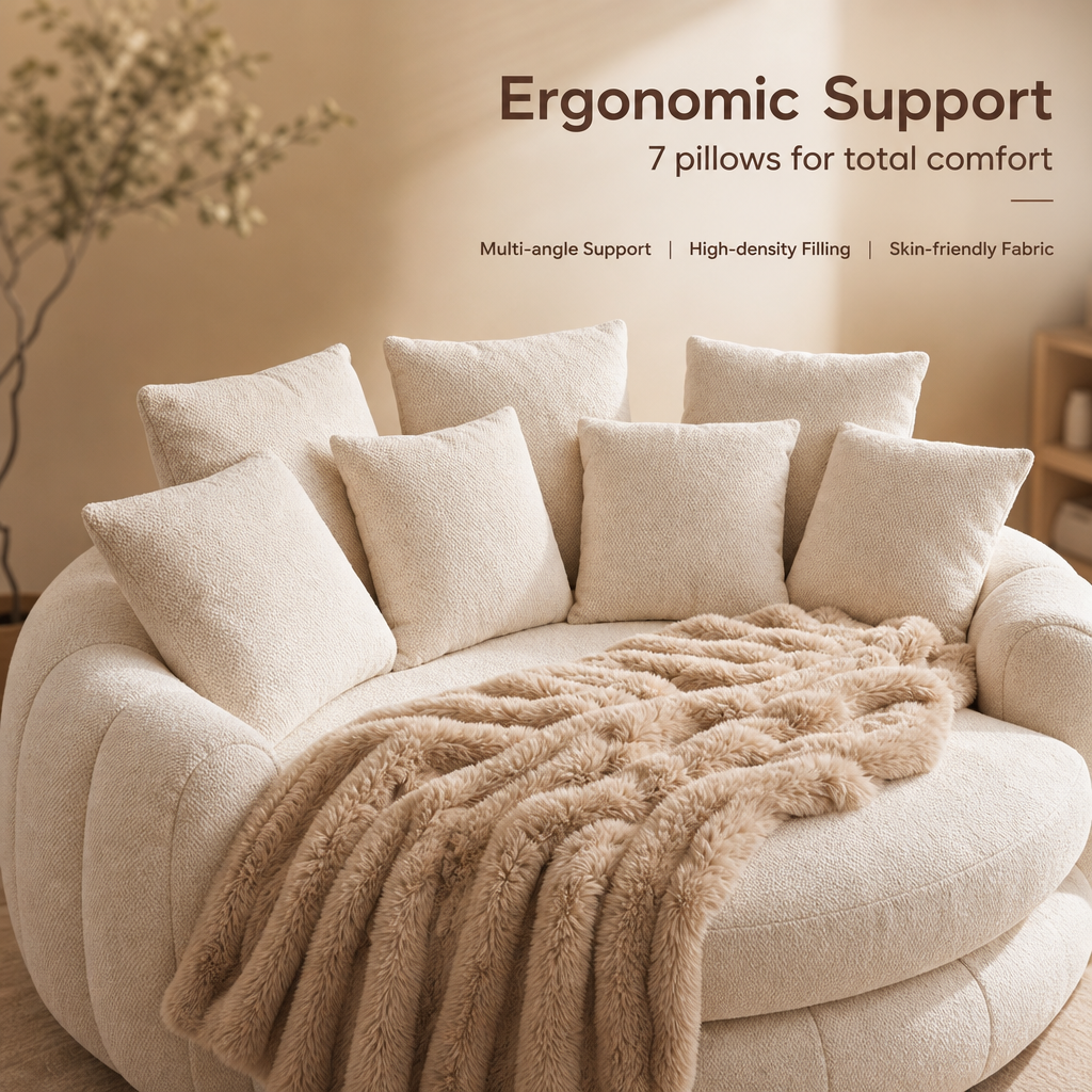 Oversized Round Cloud Loveseat Sofa, Cozy Boucle Fabric Double Seat Lounge Sofa with 7 Pillows & Faux Fur Blanket, Ergonomic Deep Seat Cuddle Sofa for Living Room Bedroom