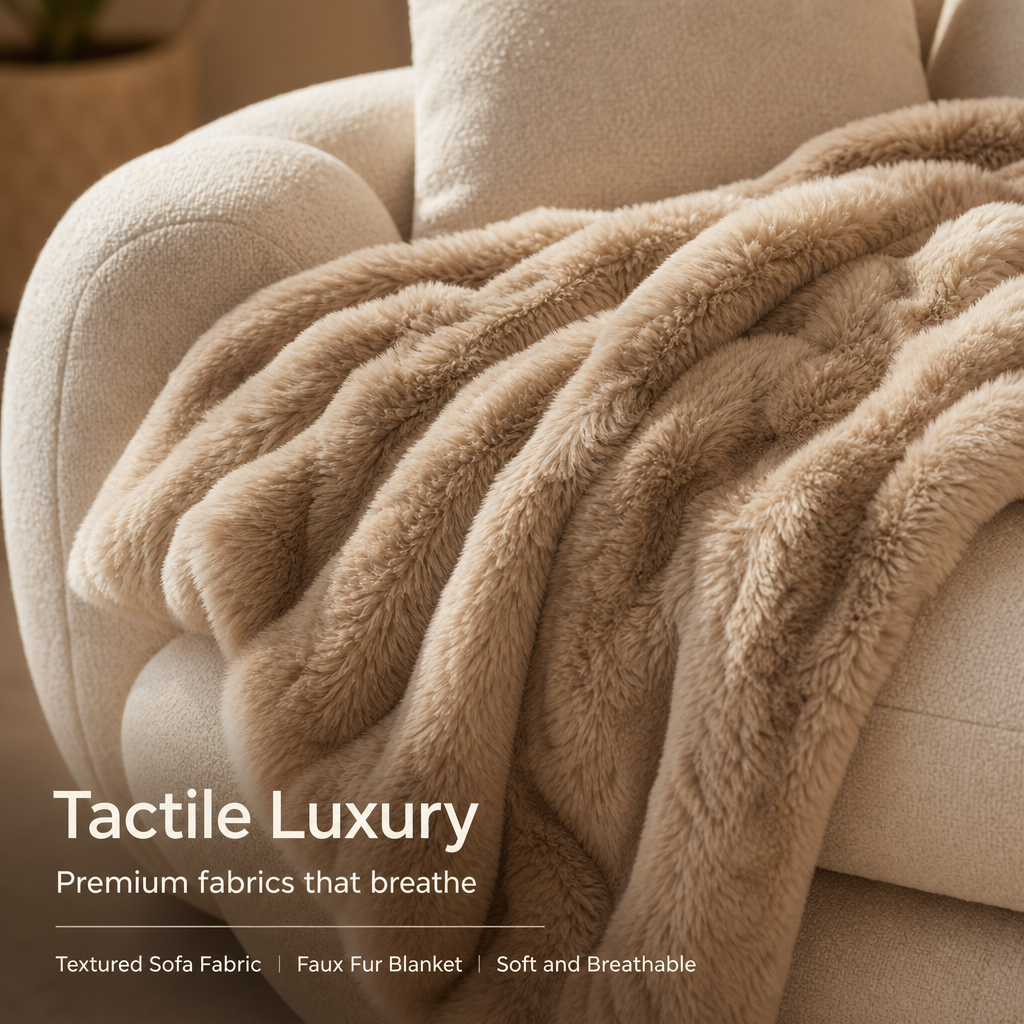 Oversized Round Cloud Loveseat Sofa, Cozy Boucle Fabric Double Seat Lounge Sofa with 7 Pillows & Faux Fur Blanket, Ergonomic Deep Seat Cuddle Sofa for Living Room Bedroom