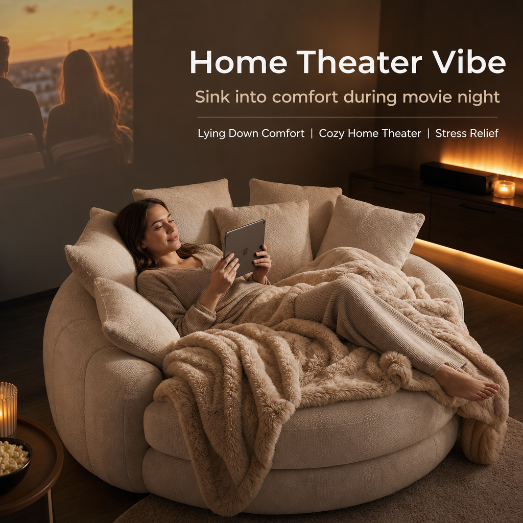 Oversized Round Cloud Loveseat Sofa, Cozy Boucle Fabric Double Seat Lounge Sofa with 7 Pillows & Faux Fur Blanket, Ergonomic Deep Seat Cuddle Sofa for Living Room Bedroom