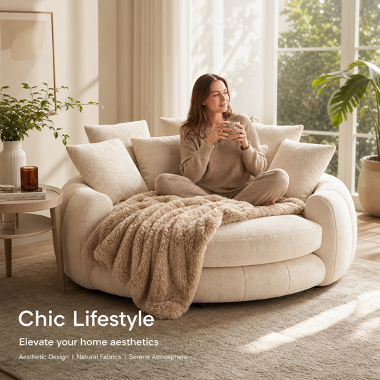 Oversized Round Cloud Loveseat Sofa, Cozy Boucle Fabric Double Seat Lounge Sofa with 7 Pillows & Faux Fur Blanket, Ergonomic Deep Seat Cuddle Sofa for Living Room Bedroom