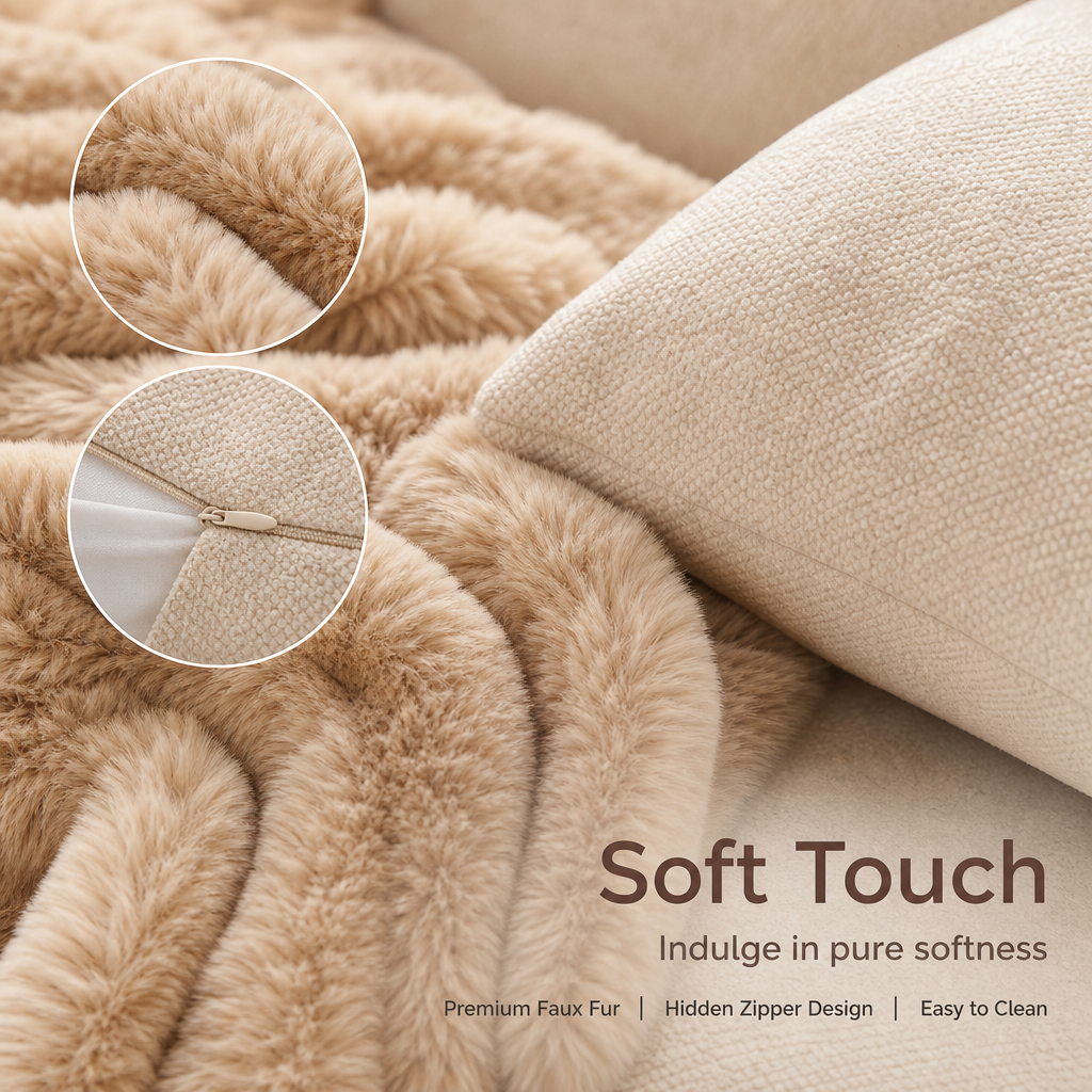 Oversized Round Cloud Loveseat Sofa, Cozy Boucle Fabric Double Seat Lounge Sofa with 7 Pillows & Faux Fur Blanket, Ergonomic Deep Seat Cuddle Sofa for Living Room Bedroom