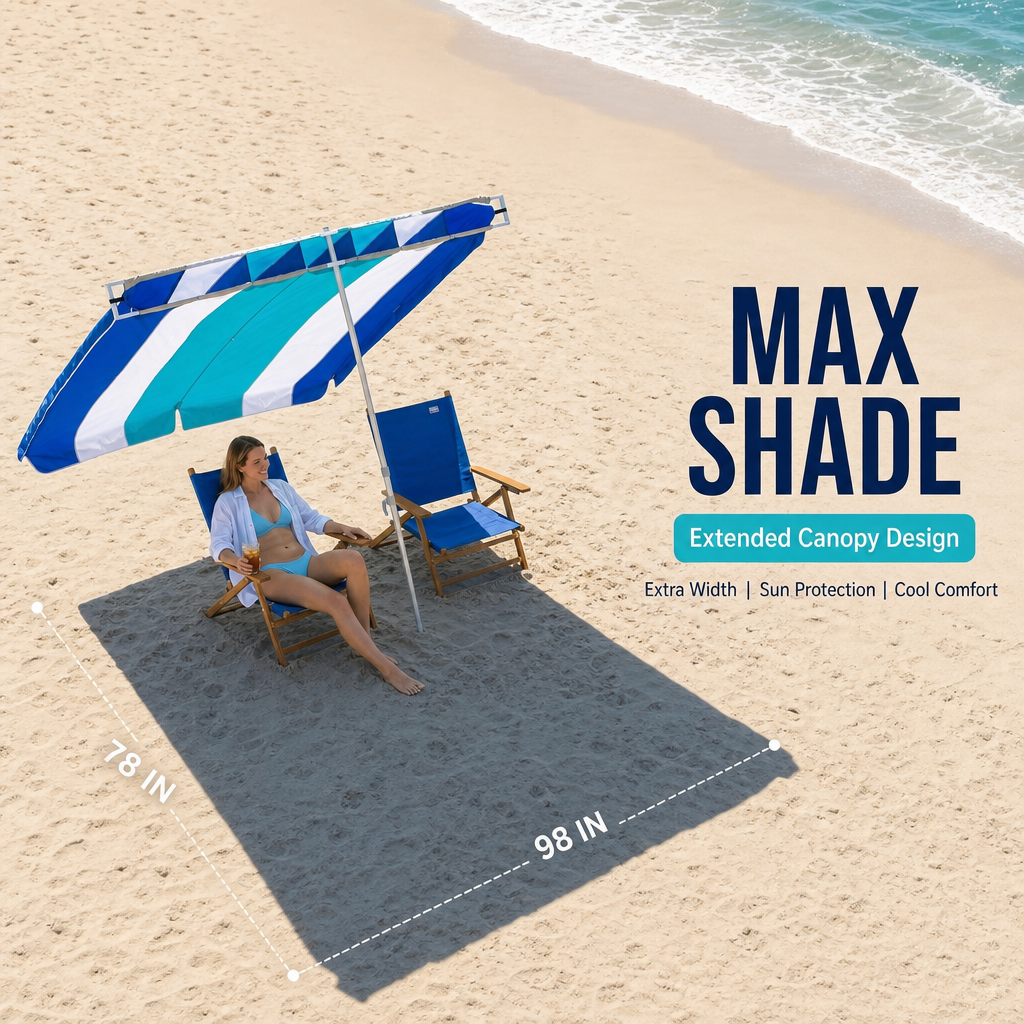 Large Extended Canopy Beach Umbrella, UPF 50+ Wind Resistant Family Beach Sun Shade, Adjustable Height Aluminum Pole, Double Stitch Reinforced Portable Outdoor Sun Shelter for Beach, Picnic