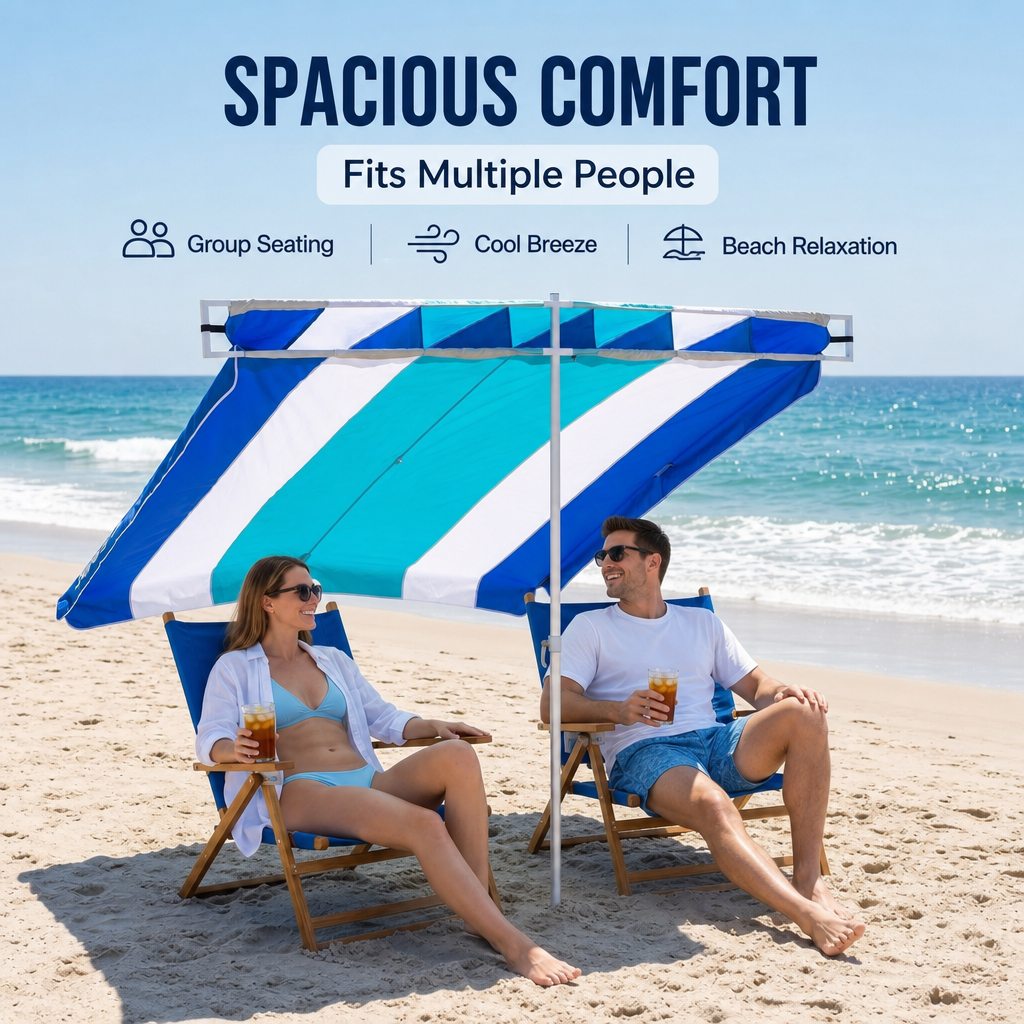 Large Extended Canopy Beach Umbrella, UPF 50+ Wind Resistant Family Beach Sun Shade, Adjustable Height Aluminum Pole, Double Stitch Reinforced Portable Outdoor Sun Shelter for Beach, Picnic