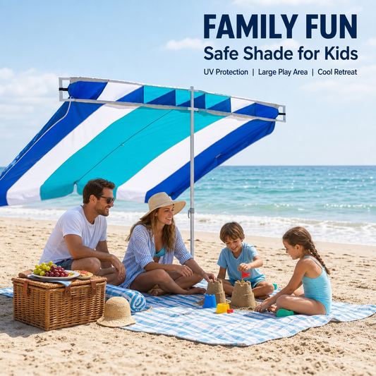 Large Extended Canopy Beach Umbrella, UPF 50+ Wind Resistant Family Beach Sun Shade, Adjustable Height Aluminum Pole, Double Stitch Reinforced Portable Outdoor Sun Shelter for Beach, Picnic