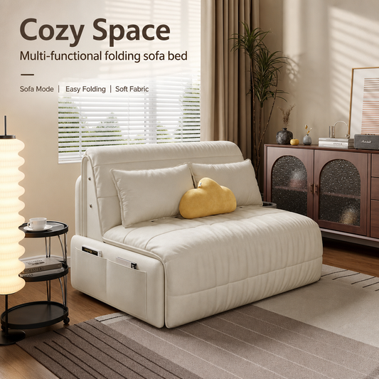 3-in-1 Convertible Folding Sofa Bed, Multi-Mode Couch Lounger Guest Bed with Silent Wheels & Side Storage Pockets, Modern Cream Fabric Sleeper Sofa for Apartment Office