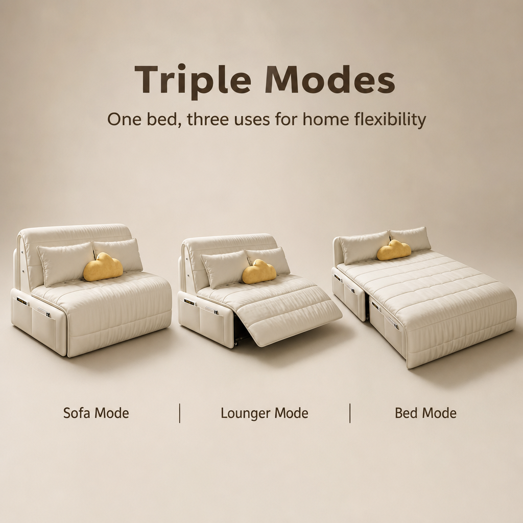 3-in-1 Convertible Folding Sofa Bed, Multi-Mode Couch Lounger Guest Bed with Silent Wheels & Side Storage Pockets, Modern Cream Fabric Sleeper Sofa for Apartment Office