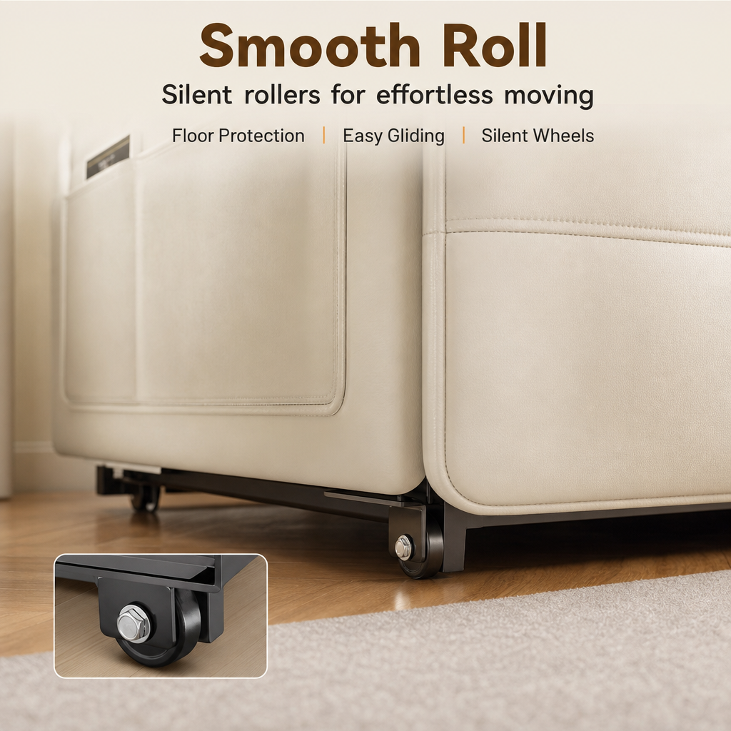 3-in-1 Convertible Folding Sofa Bed, Multi-Mode Couch Lounger Guest Bed with Silent Wheels & Side Storage Pockets, Modern Cream Fabric Sleeper Sofa for Apartment Office
