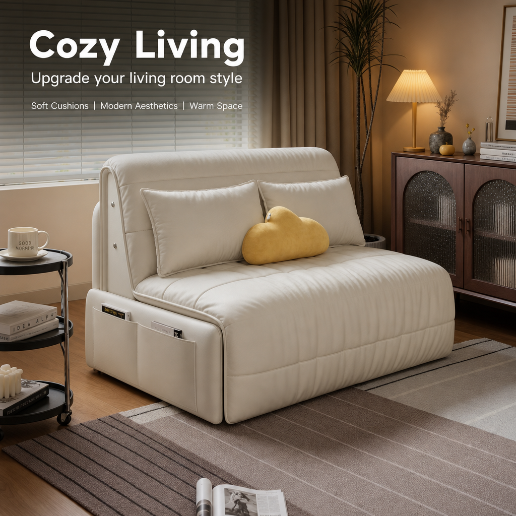 3-in-1 Convertible Folding Sofa Bed, Multi-Mode Couch Lounger Guest Bed with Silent Wheels & Side Storage Pockets, Modern Cream Fabric Sleeper Sofa for Apartment Office