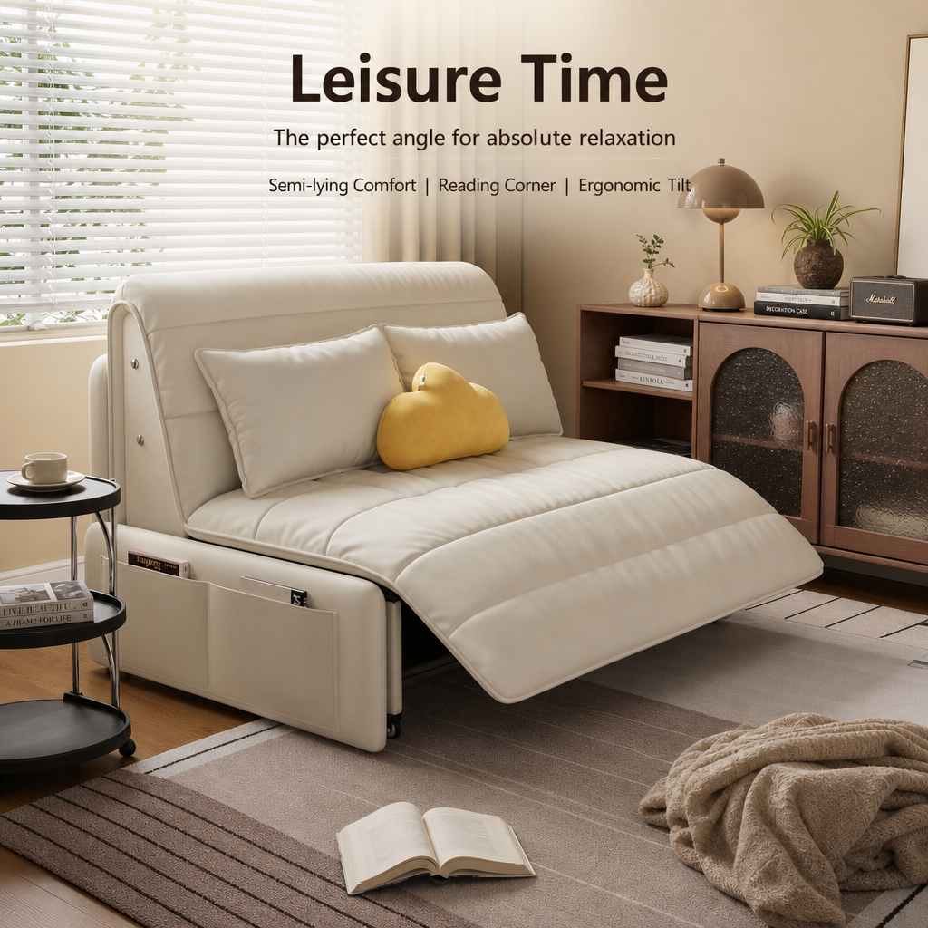 3-in-1 Convertible Folding Sofa Bed, Multi-Mode Couch Lounger Guest Bed with Silent Wheels & Side Storage Pockets, Modern Cream Fabric Sleeper Sofa for Apartment Office