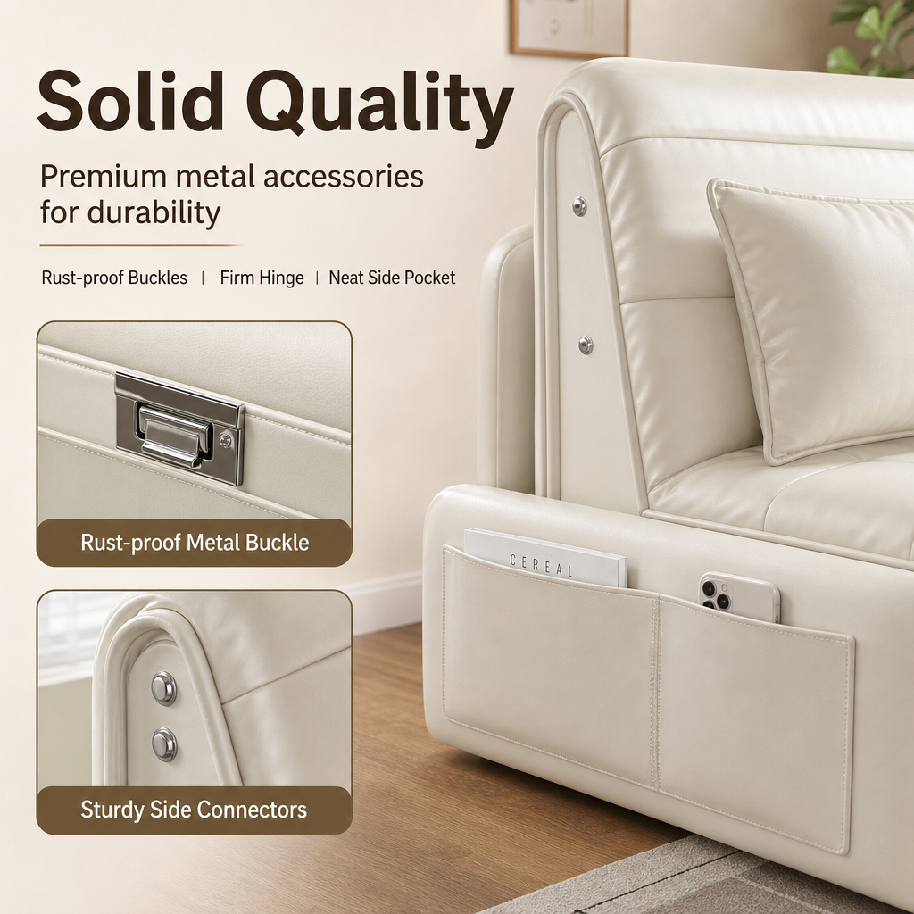 3-in-1 Convertible Folding Sofa Bed, Multi-Mode Couch Lounger Guest Bed with Silent Wheels & Side Storage Pockets, Modern Cream Fabric Sleeper Sofa for Apartment Office