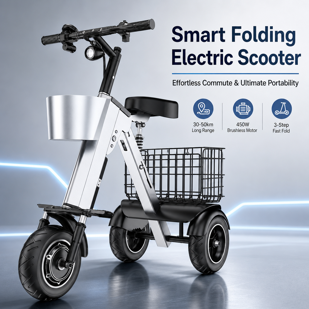 3‑Wheel Folding Electric Scooter, 450W Brushless Motor Removable Battery Trike E‑Scooter with Dual Storage Baskets for City Commute