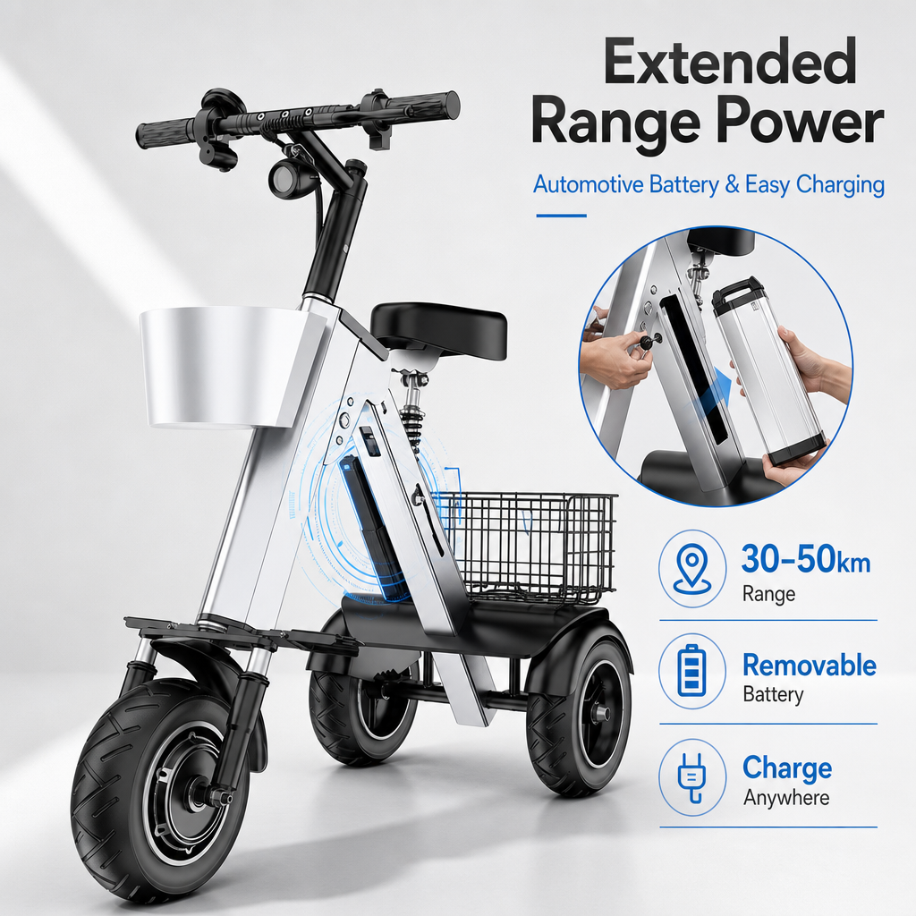 3‑Wheel Folding Electric Scooter, 450W Brushless Motor Removable Battery Trike E‑Scooter with Dual Storage Baskets for City Commute