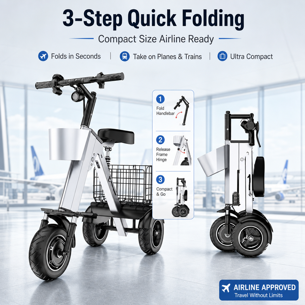 3‑Wheel Folding Electric Scooter, 450W Brushless Motor Removable Battery Trike E‑Scooter with Dual Storage Baskets for City Commute
