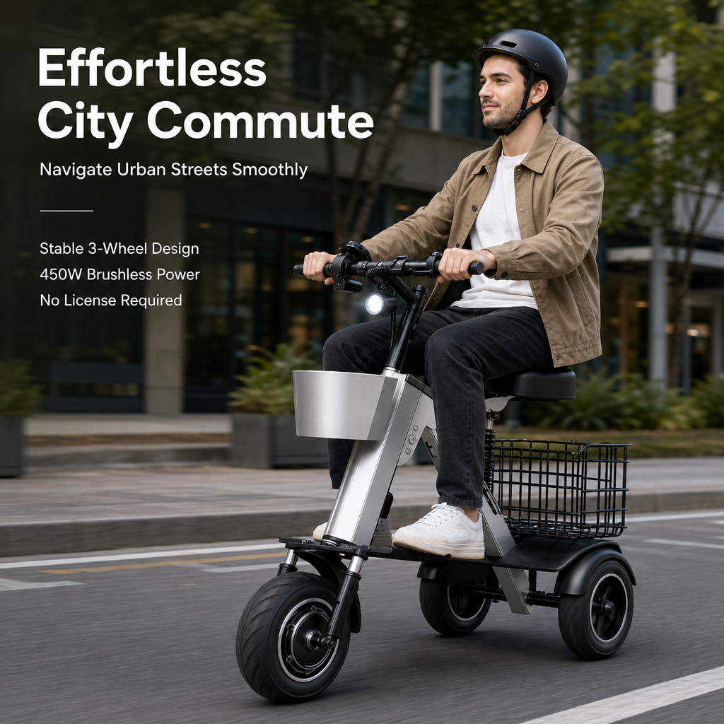 3‑Wheel Folding Electric Scooter, 450W Brushless Motor Removable Battery Trike E‑Scooter with Dual Storage Baskets for City Commute