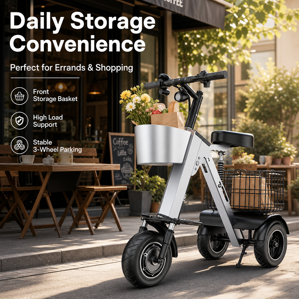 3‑Wheel Folding Electric Scooter, 450W Brushless Motor Removable Battery Trike E‑Scooter with Dual Storage Baskets for City Commute