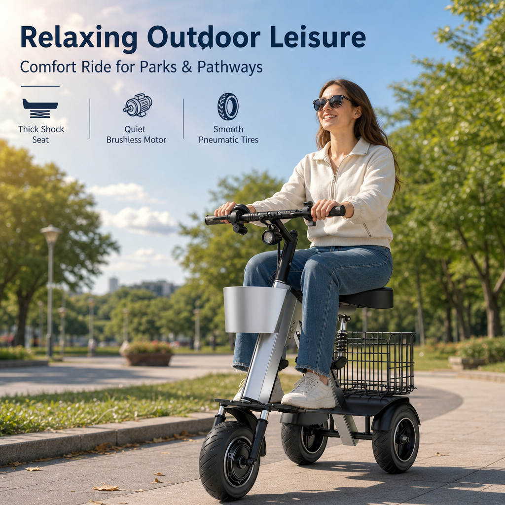 3‑Wheel Folding Electric Scooter, 450W Brushless Motor Removable Battery Trike E‑Scooter with Dual Storage Baskets for City Commute
