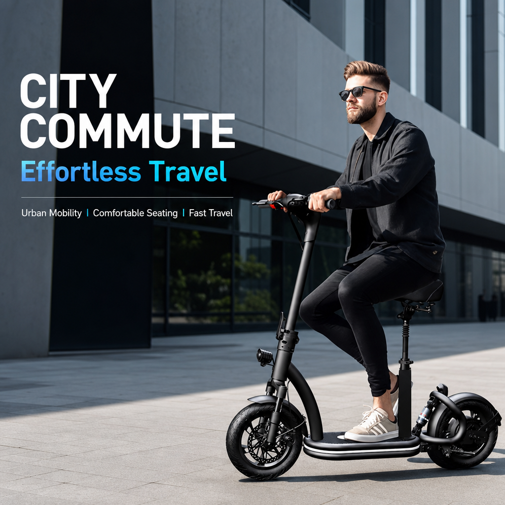 Folding Electric Scooter with Detachable Seat, 48V Powerful Motor Dual Shock Absorption Commuter E‑Scooter for City Travel