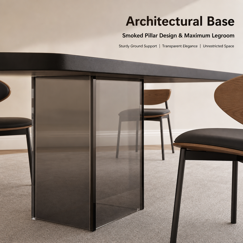 Modern Black Dining Table Set with 6 Ergonomic Chairs, Smoked Acrylic Base Rectangular Dining Room Furniture