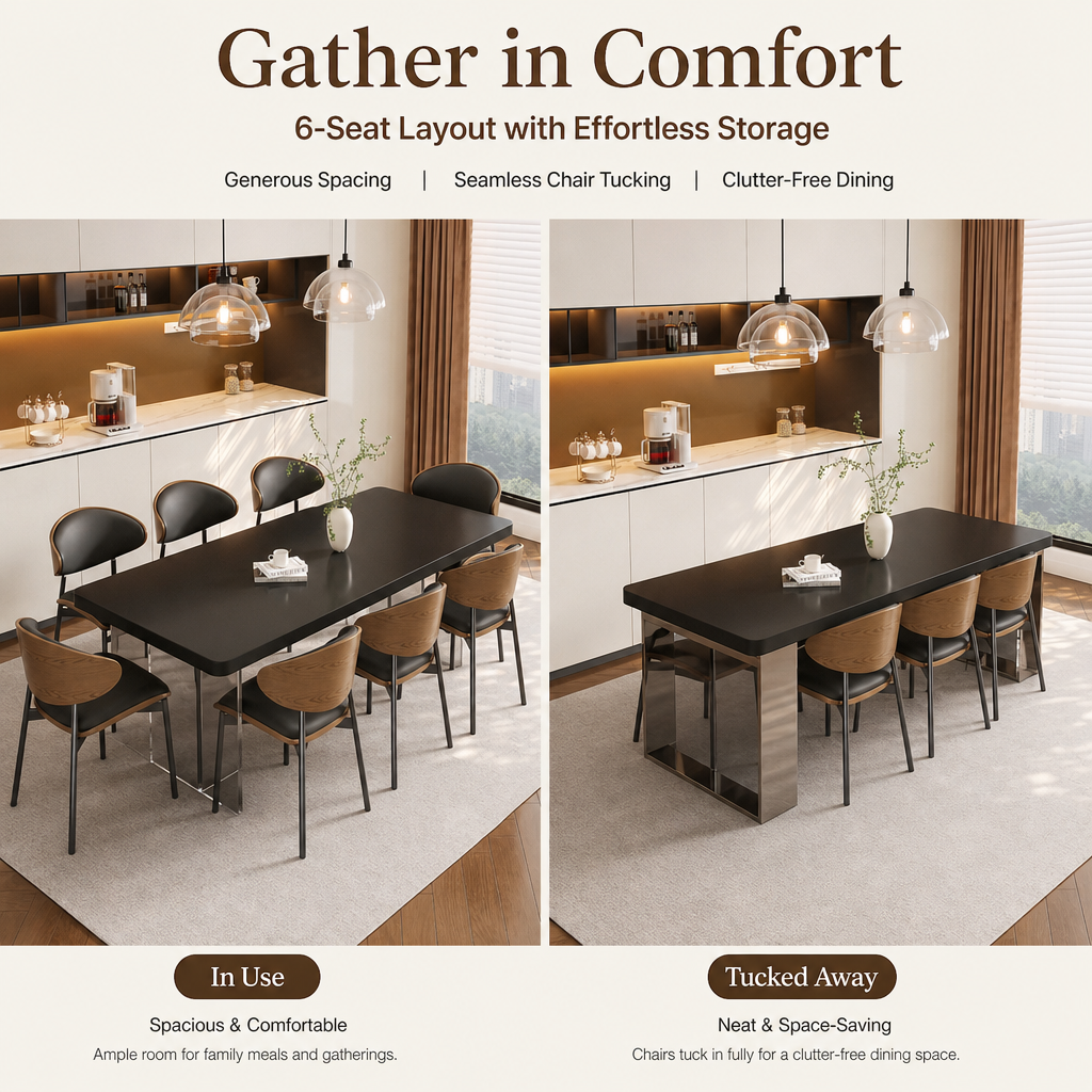 Modern Black Dining Table Set with 6 Ergonomic Chairs, Smoked Acrylic Base Rectangular Dining Room Furniture