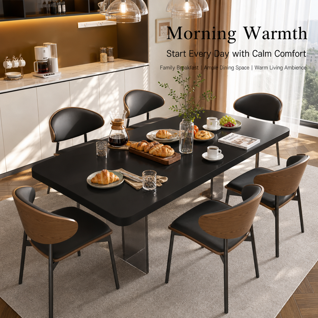Modern Black Dining Table Set with 6 Ergonomic Chairs, Smoked Acrylic Base Rectangular Dining Room Furniture