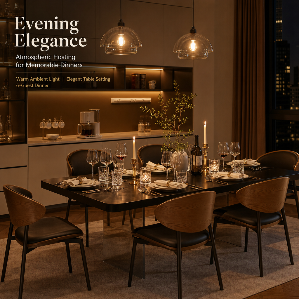 Modern Black Dining Table Set with 6 Ergonomic Chairs, Smoked Acrylic Base Rectangular Dining Room Furniture