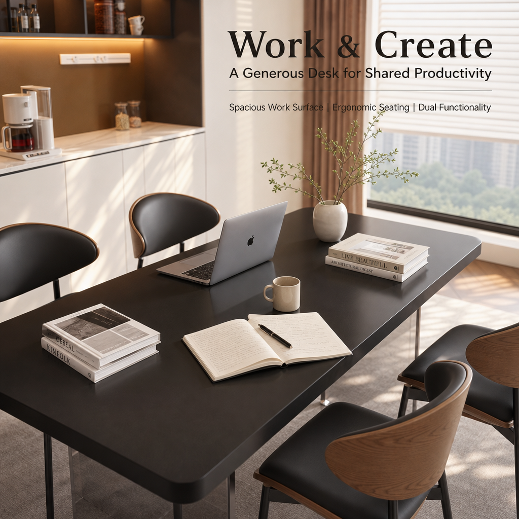 Modern Black Dining Table Set with 6 Ergonomic Chairs, Smoked Acrylic Base Rectangular Dining Room Furniture