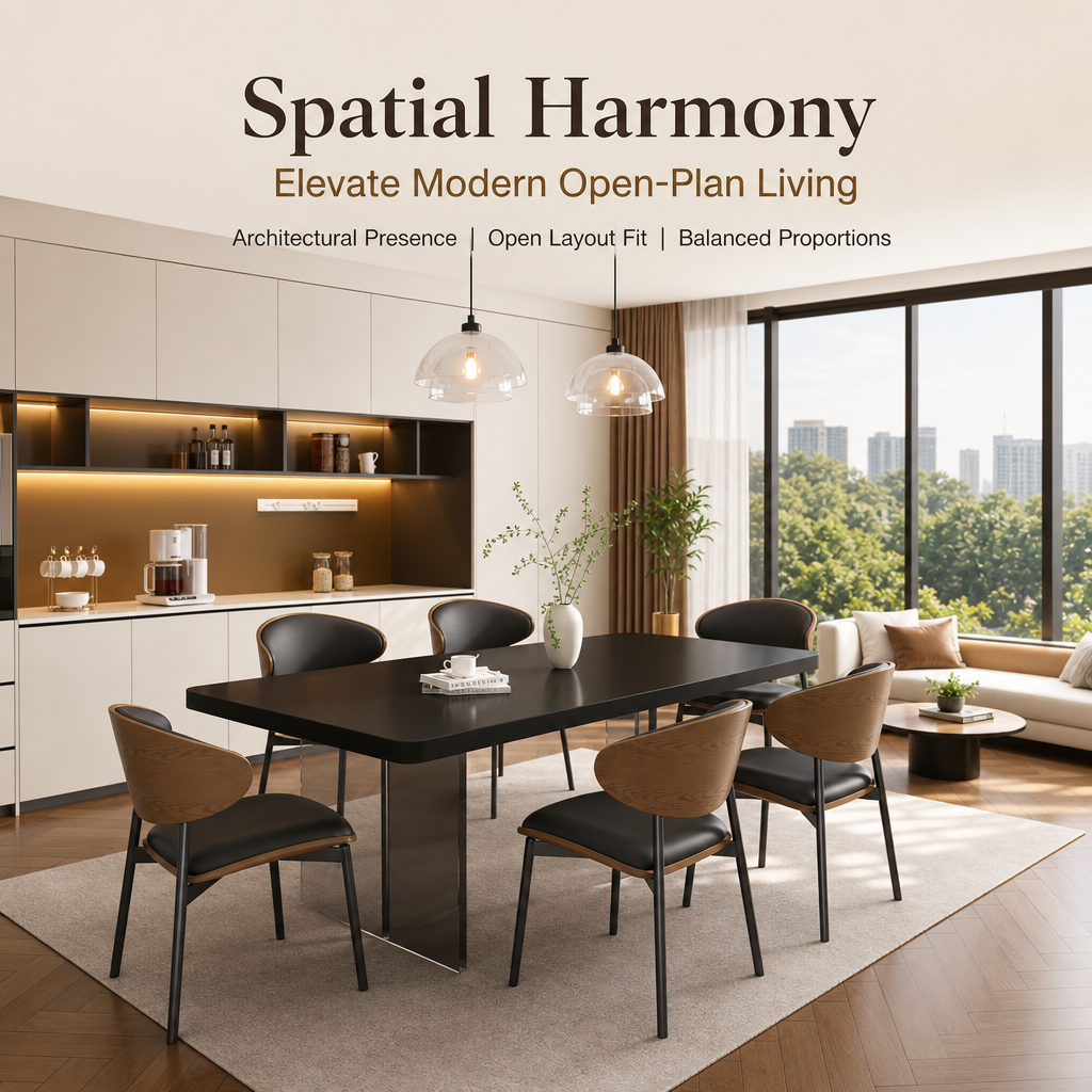 Modern Black Dining Table Set with 6 Ergonomic Chairs, Smoked Acrylic Base Rectangular Dining Room Furniture